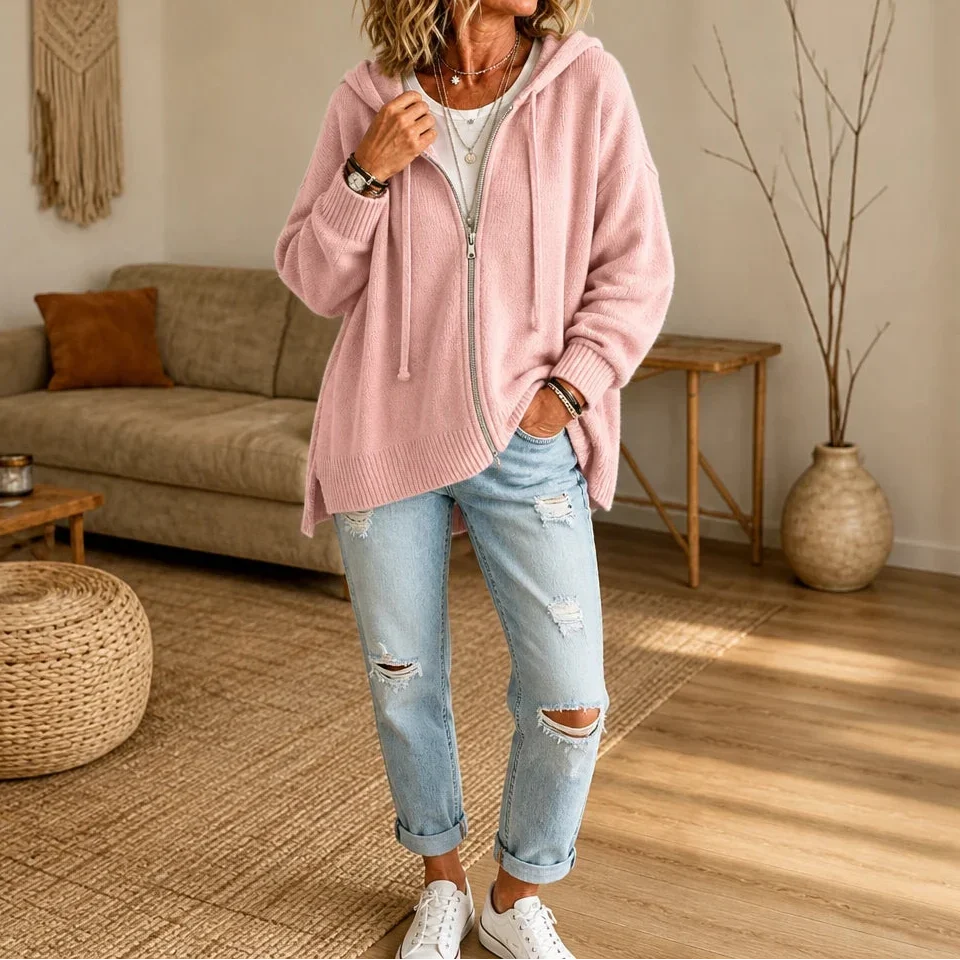 Cozyline – Zip-Front Hooded Knit Cardigan