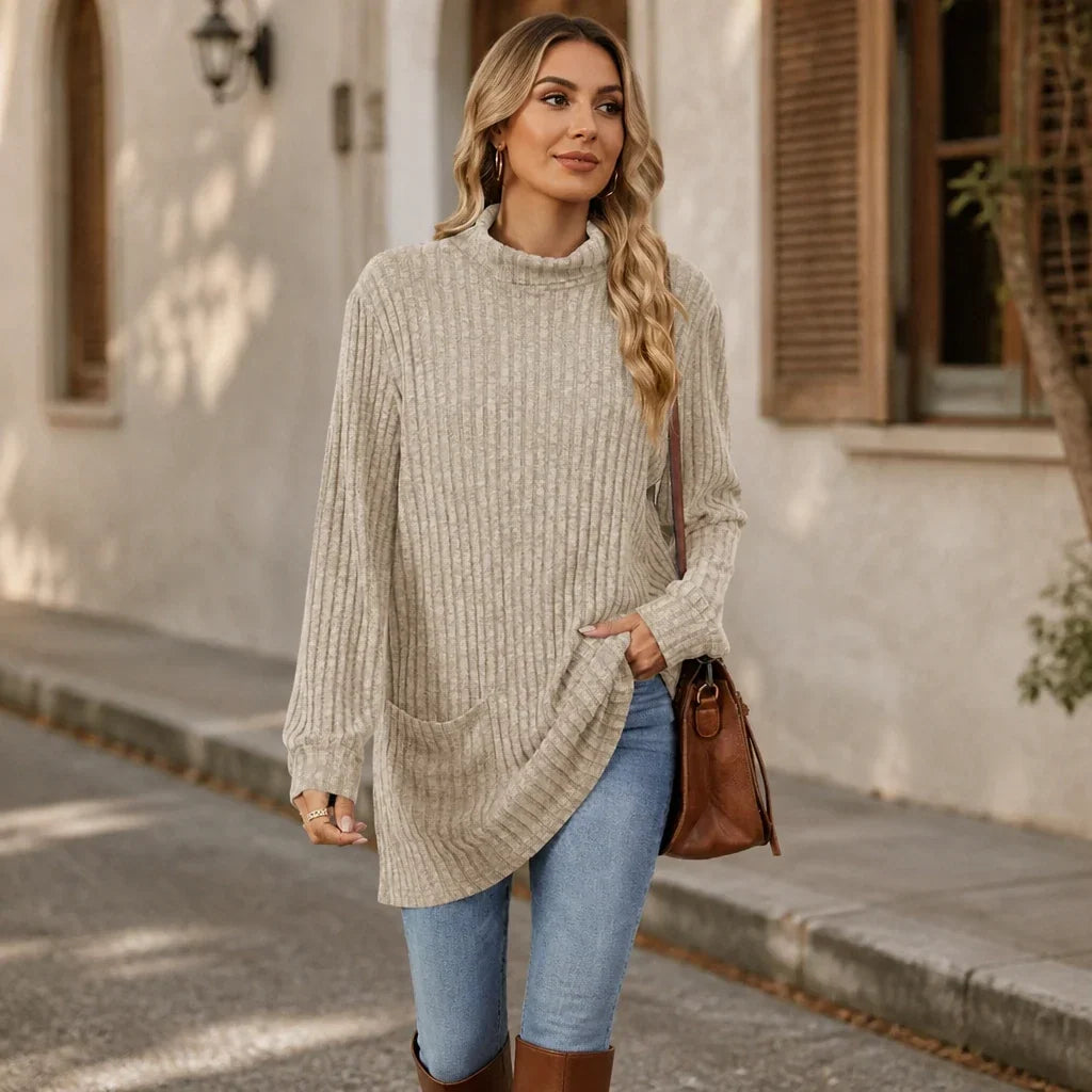 Cozyline – Ribbed Mock Neck Pocket Tunic
