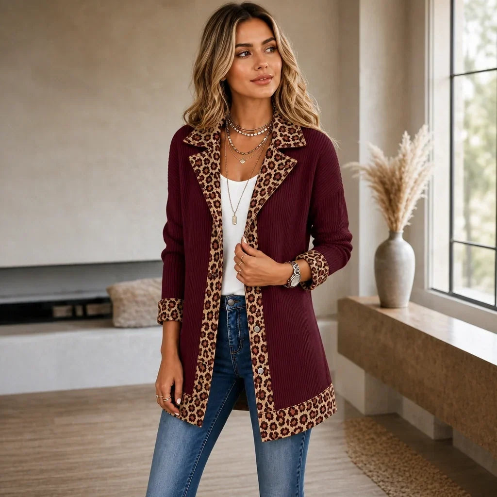 Liora – Leopard-Trim Ribbed Knit Cardigan