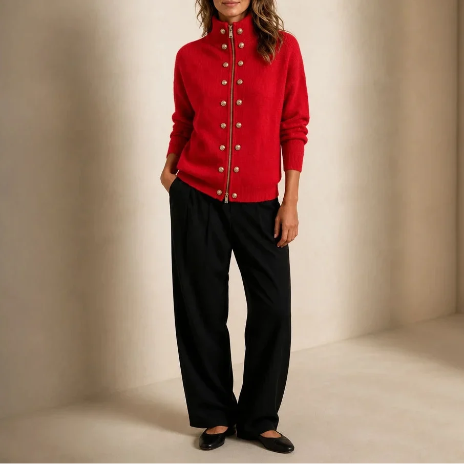 Plot Twist – Double-Button High-Neck Knit Cardigan
