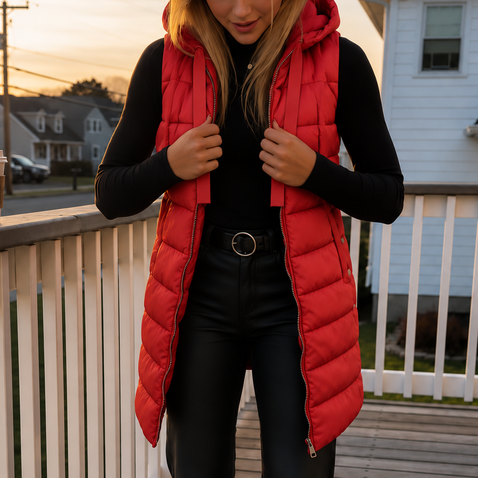 Longbella – Hooded Longline Quilted Puffer Vest