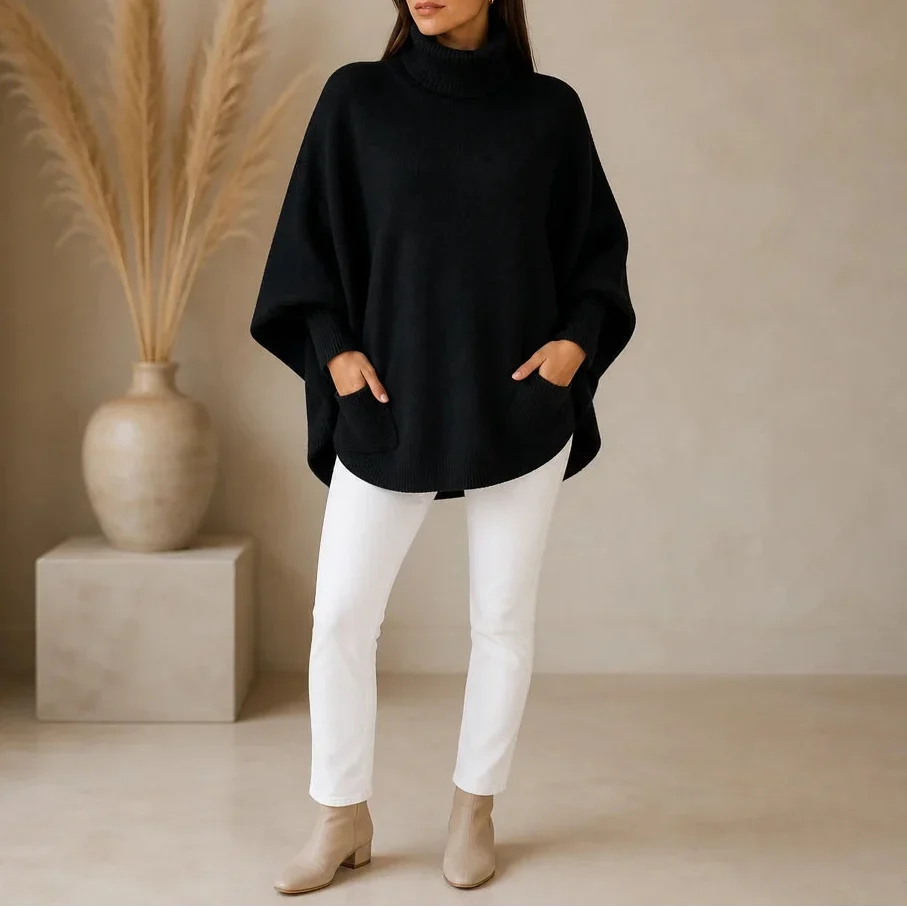 Veloura – Oversized Turtleneck Pocket Poncho Sweater