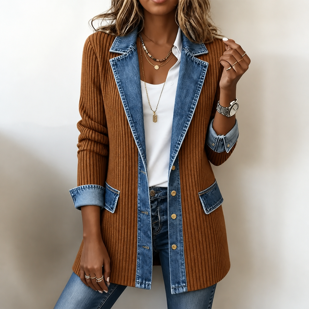 Ribova | Ribbed Knit Coat With Denim Panels