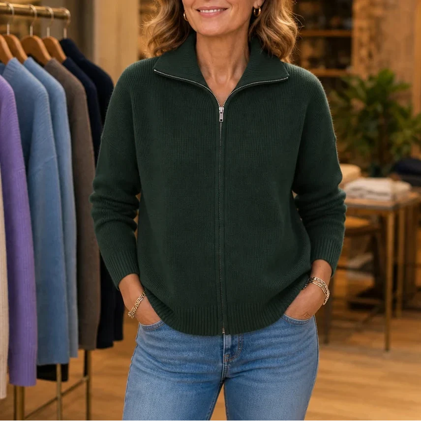 Ribbella – Ribbed Knit Full-Zip Collared Cardigan