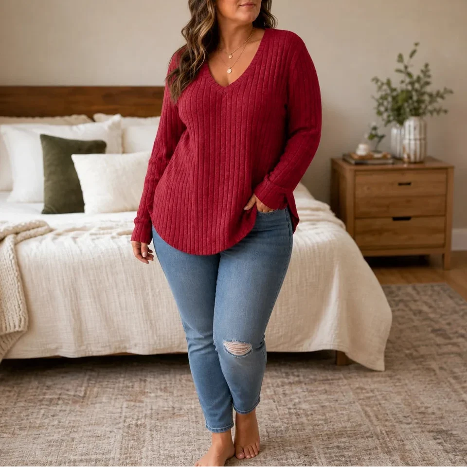 Ribelle – Ribbed Brushed-Knit Deep V-Neck Top
