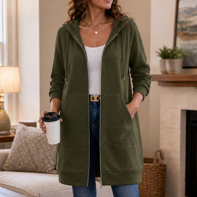 Wrapdrey – Mid-Length Zip-Up Hooded Cardigan