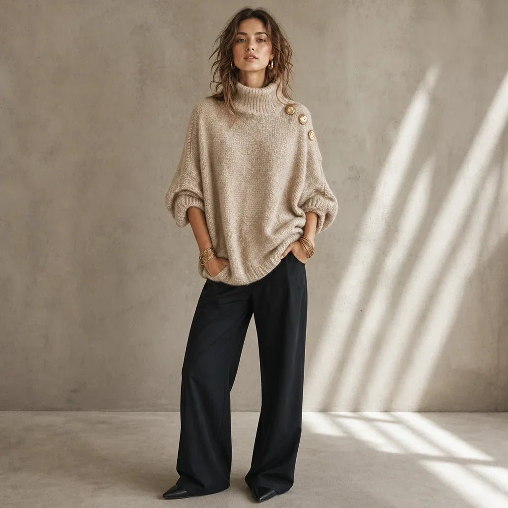 Aurelle – Gold Button Shoulder Knit Turtleneck Sweater