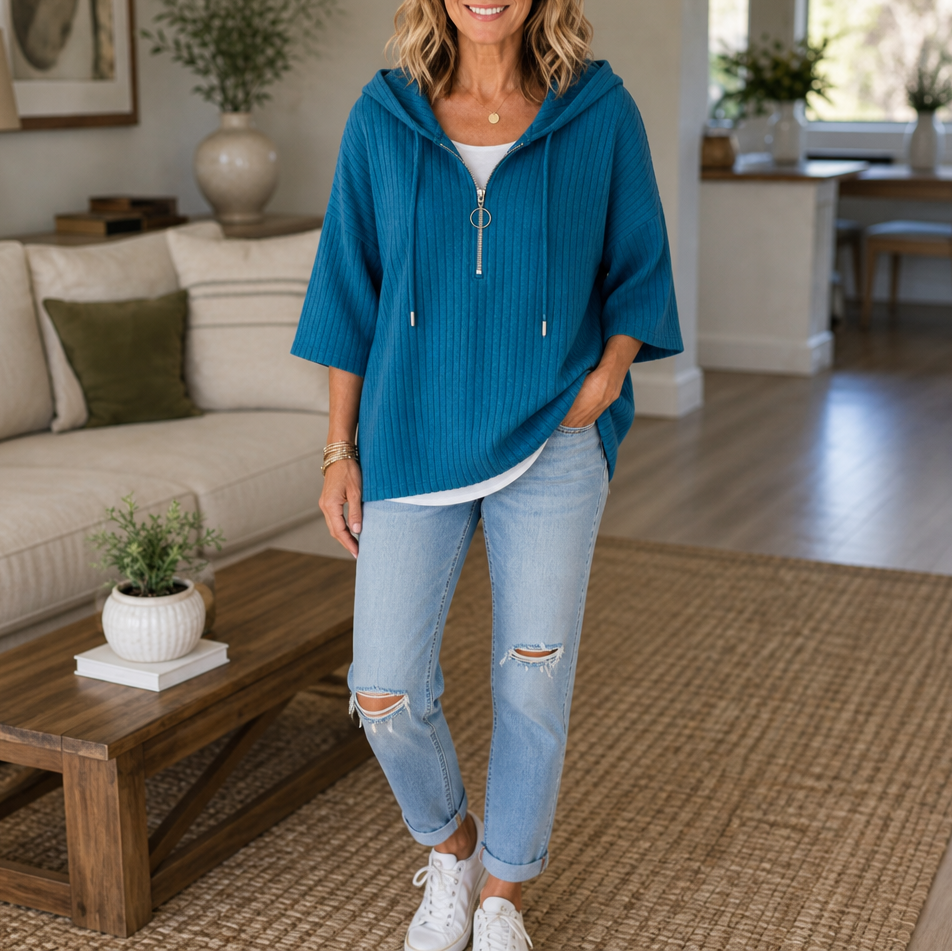 Ribella – Ribbed Half-Zip Hooded Knit Top