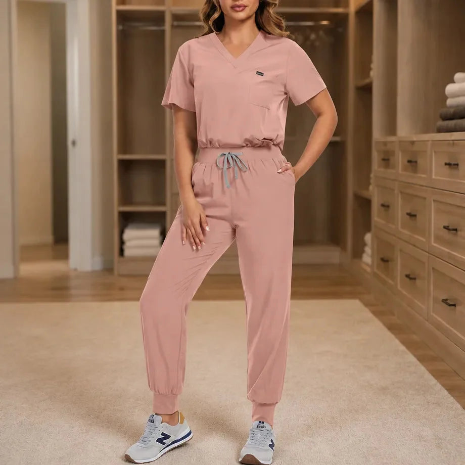 Corelle – V-Neck Jogger Scrub Set with Drawstring Waist and Pockets